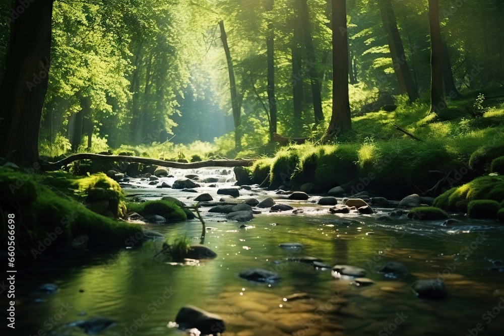 Poster a stream running through a lush green forest filled with rocks. generative ai