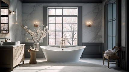 Fototapeta na wymiar Bathroom with a marble countertop and a freestanding tub and a rainfall shower head