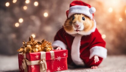 Fototapeta na wymiar A joyful image of a hamster dressed as Santa Claus delivering miniature gifts, leaving space for 'Santa Paws' wishe