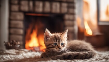 A heartwarming picture of a kitten curled up by the fireplace with a mug of cocoa, leaving room for...
