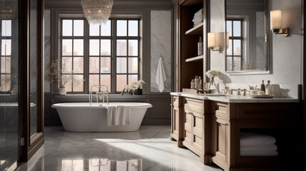 Fototapeta na wymiar Bathroom with a marble countertop and a freestanding tub and a rainfall shower head