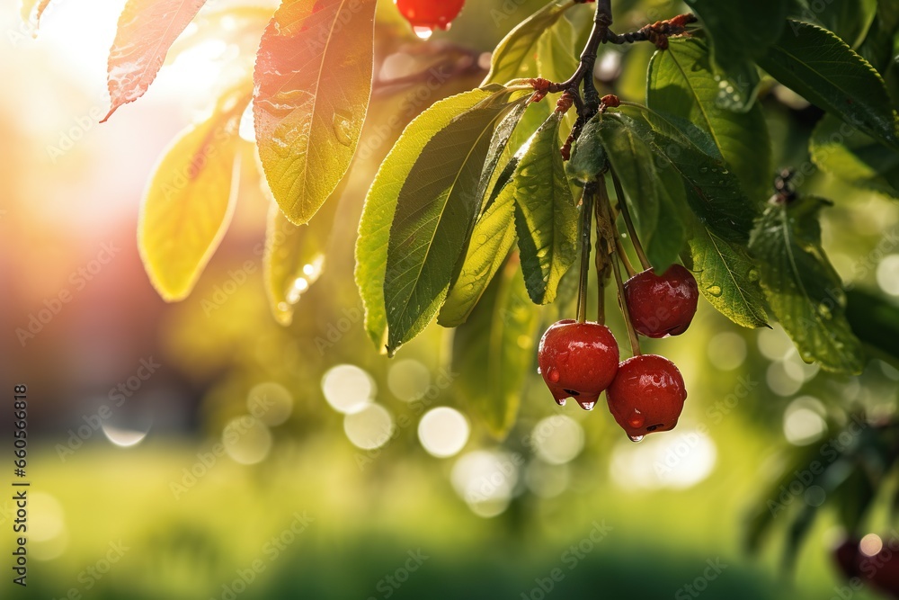 Poster a close up of a tree with berries hanging from it. generative ai