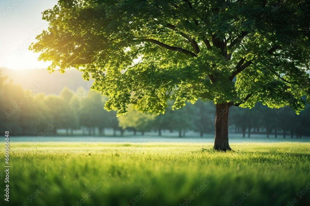 Aufkleber a tree in a field with the sun shining through the trees. generative ai