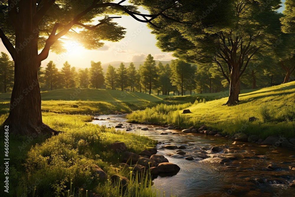 Poster a painting of a stream running through a lush green field. generative ai
