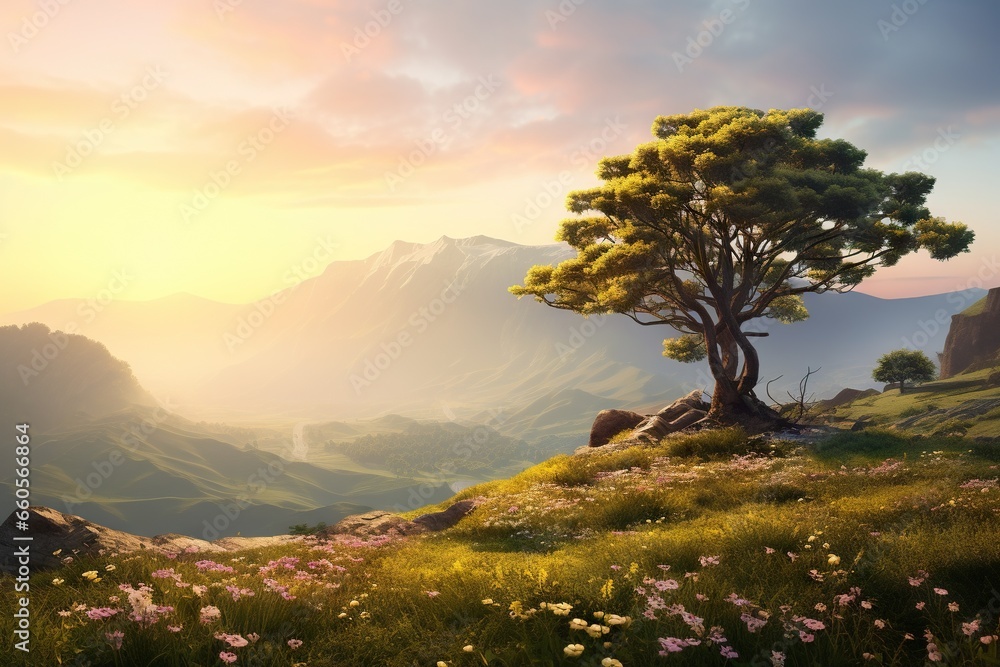 Poster a painting of a tree on a hill with mountains in the background. generative ai