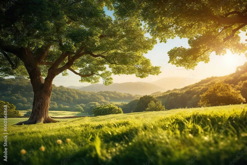 Poster a large tree in a grassy field with mountains in the background. generative ai
