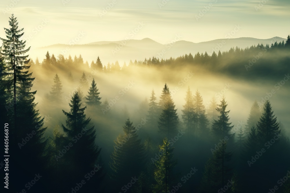 Poster a forest filled with lots of trees covered in fog and sunlight. generative ai