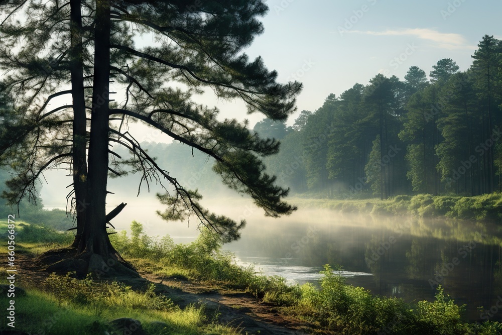 Poster a lake surrounded by a forest with fog in the air. generative ai
