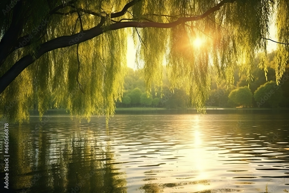 Poster a tranquil scene of a lake with a weeping willow tree in the foreground, its branches swaying in the