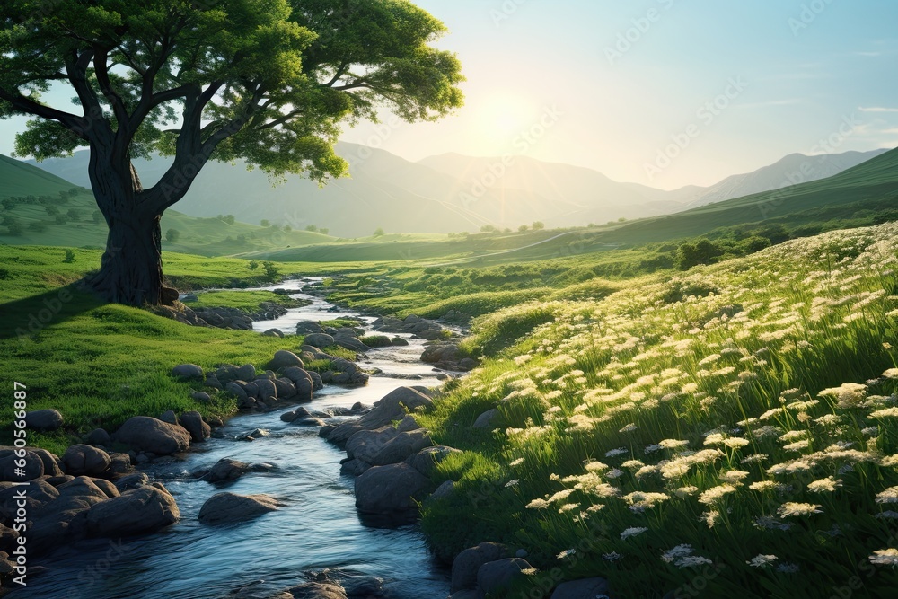 Poster a stream running through a lush green hillside next to a tree. generative ai