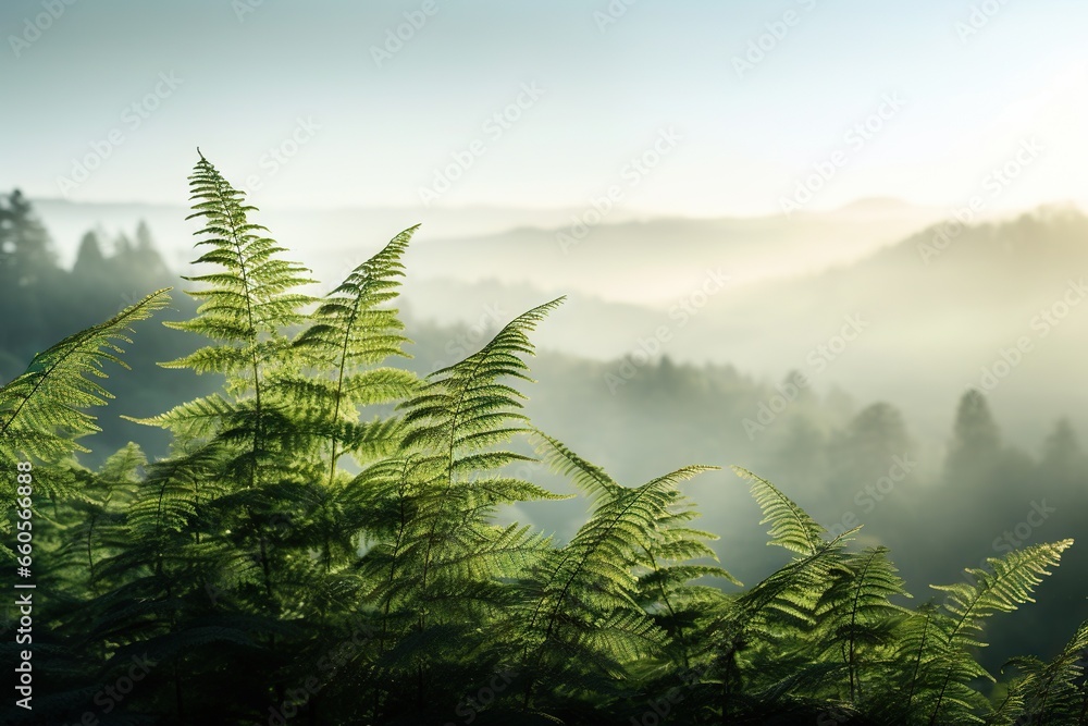 Poster a view of a mountain range with trees in the foreground. generative ai