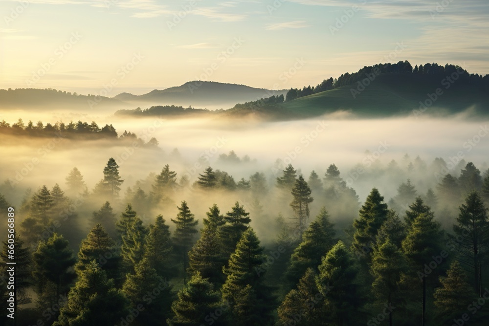 Poster a forest filled with lots of trees covered in a layer of fog. generative ai