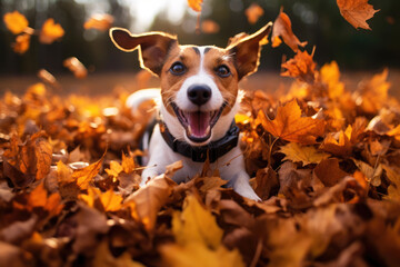 cute jack russell terrier puppy running and jumping in autumn leaves in the park