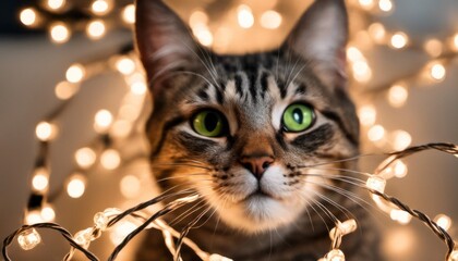 A humorous scene of a cat tangled in a string of holiday lights, with [Blank Space] for a funny quote