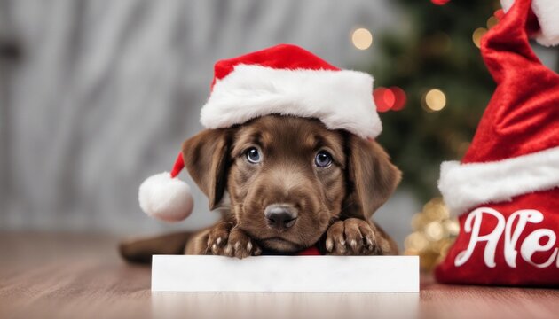 An adorable picture of a puppy in a Santa hat beside a sign