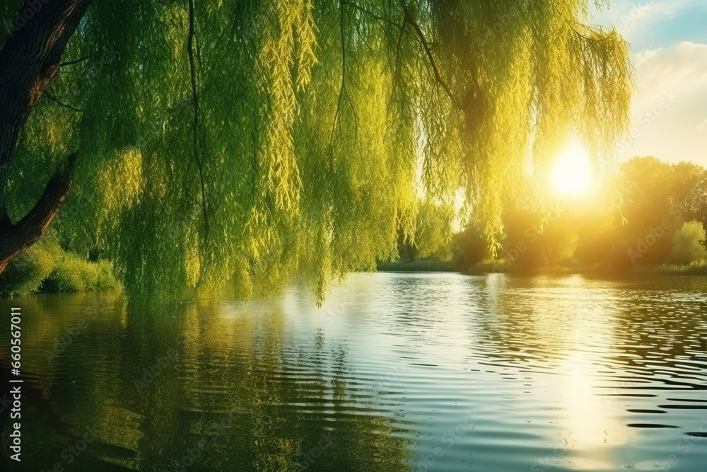 Poster the sun is setting over a lake with a willow tree in the foreground. generative ai