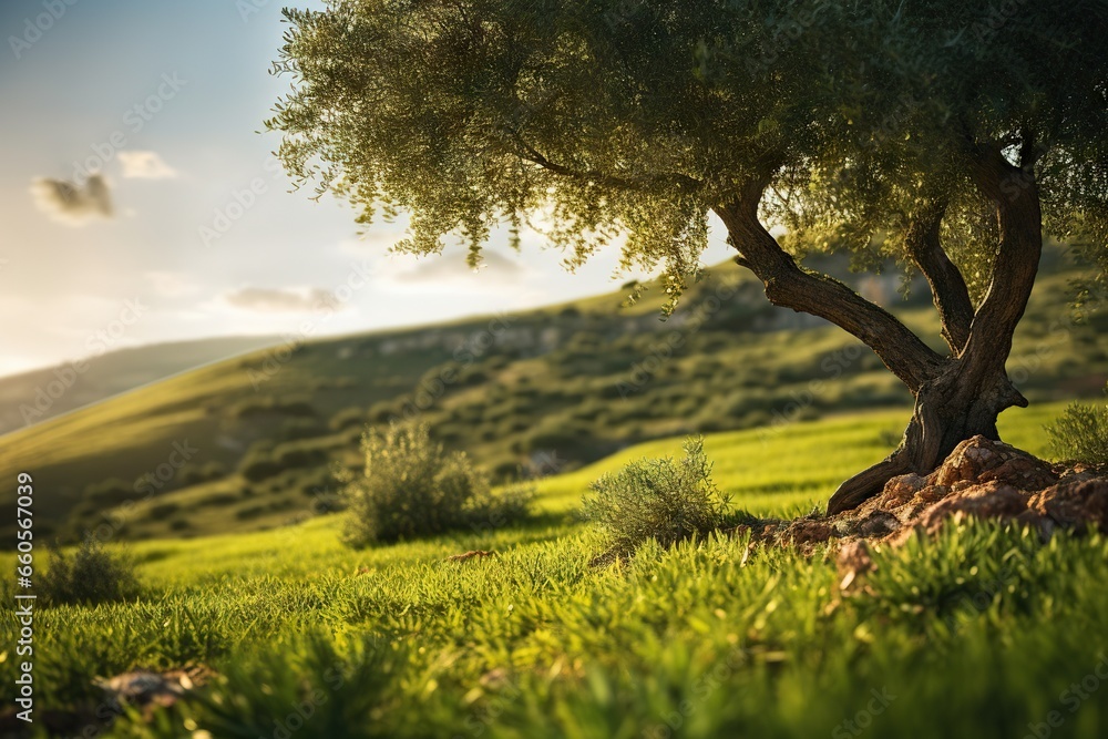 Poster a tree in a grassy field with a hill in the background. generative ai