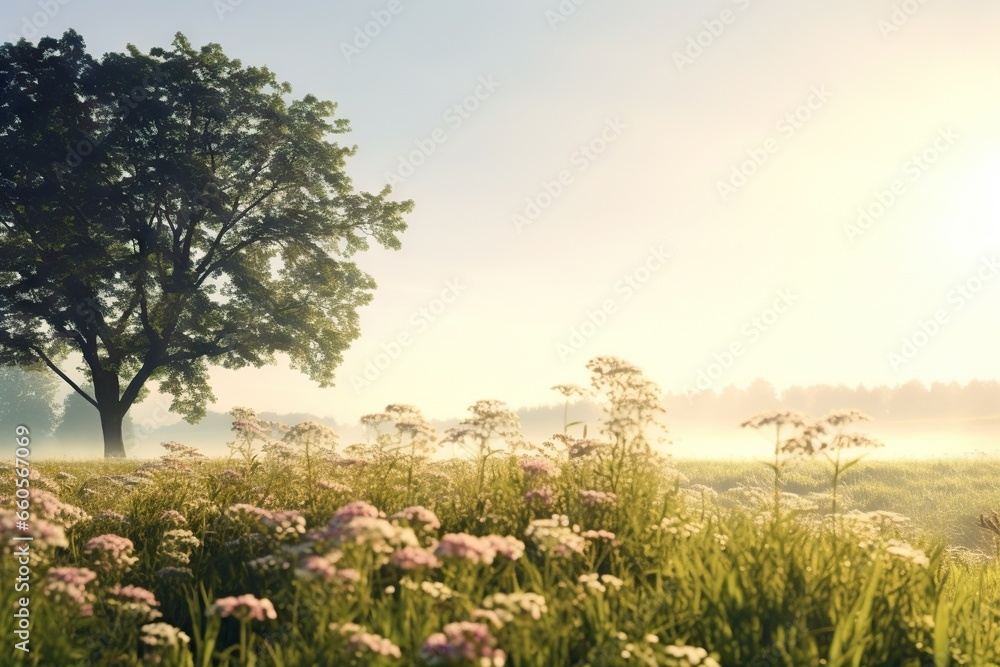 Poster a field of flowers and a tree in the distance with the sun shining. generative ai