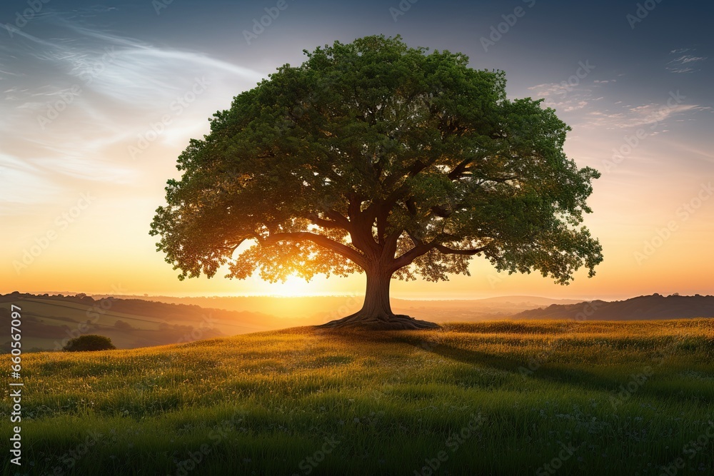 Poster a tree in a field with the sun setting in the background. generative ai