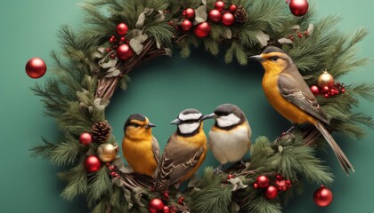 A festive gathering of birds perched on holiday ornaments, leaving space for a 'Tweeting Joyfully' message