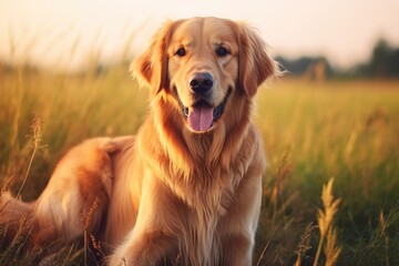 Golden Hour with a Golden Retriever on the wheat field. Pet on the nature. a walk with dog through the farmlands