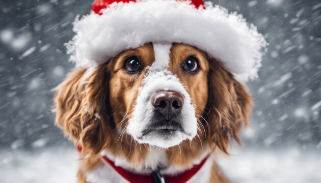 Create a humorous image of a dog with a Santa beard made of snow, providing [Blank Space] for a captio
