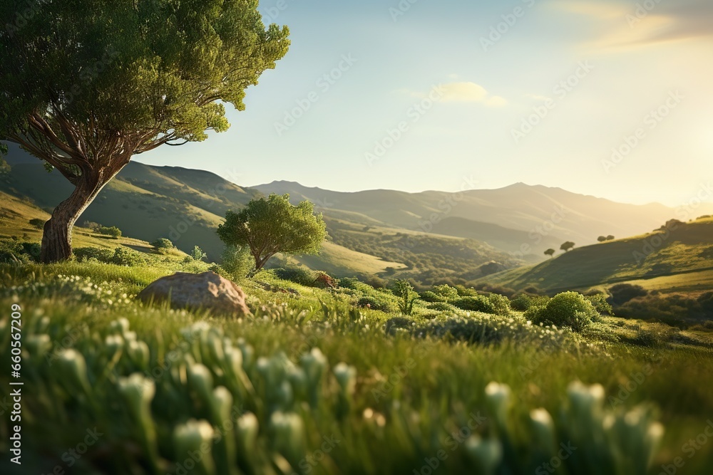 Aufkleber a tree in a grassy field with mountains in the background. generative ai