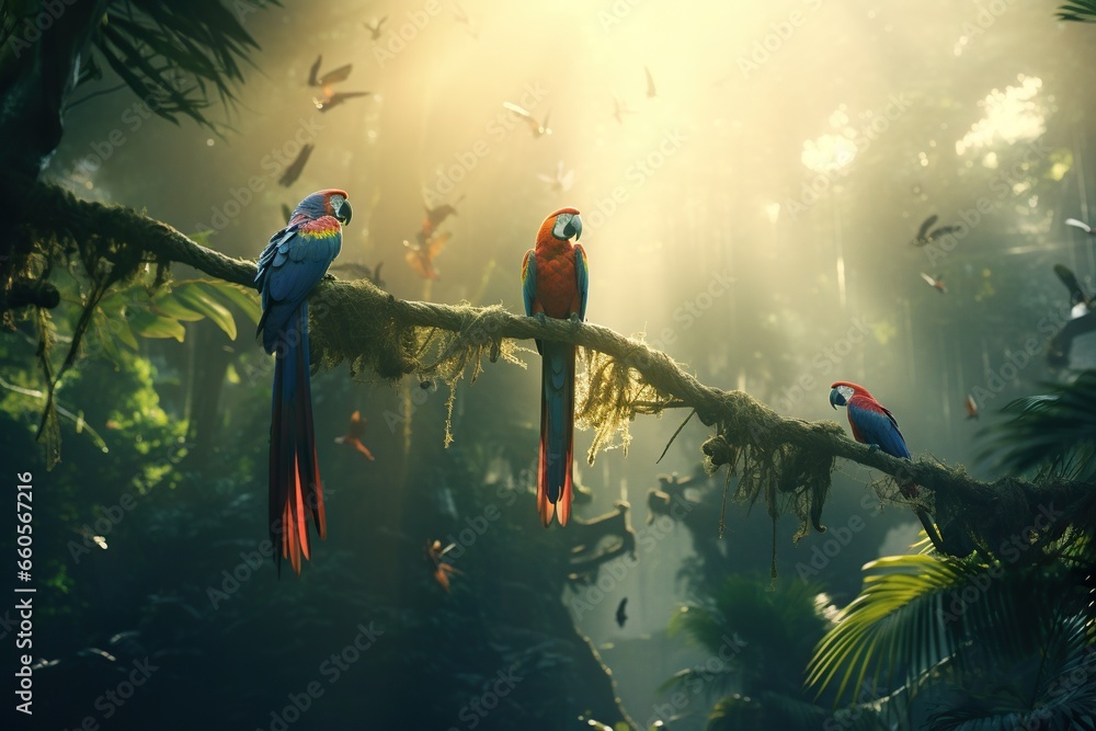 Poster a group of colorful birds perched on a branch in a forest. generative ai