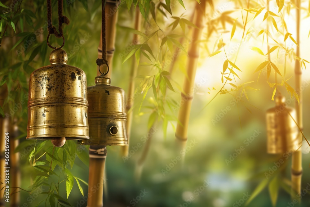 Poster a group of bells hanging from a bamboo tree in a forest. generative ai