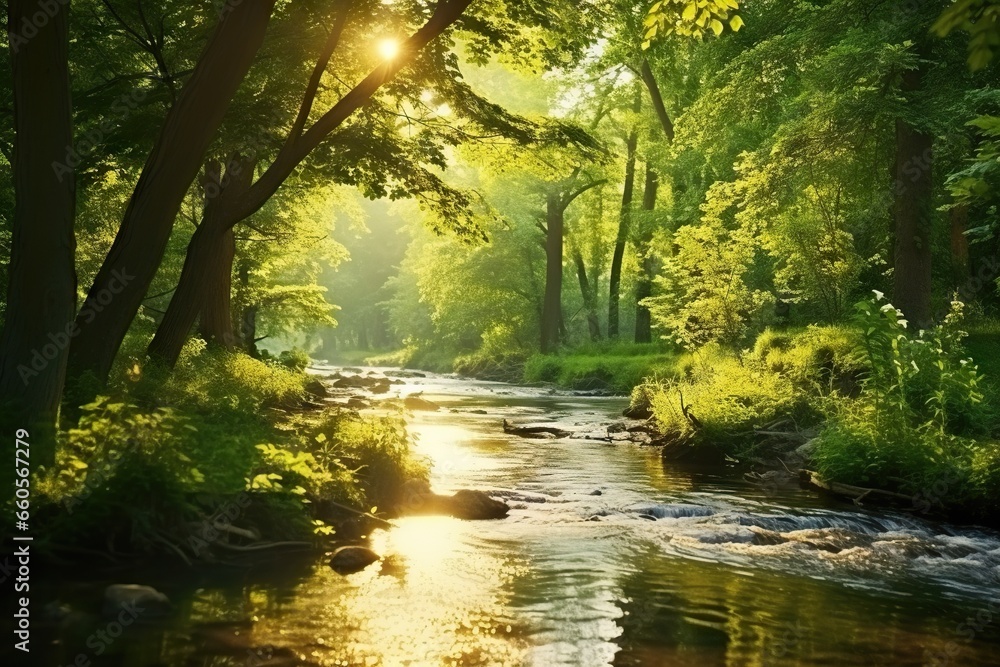 Poster a stream running through a lush green forest filled with trees. generative ai