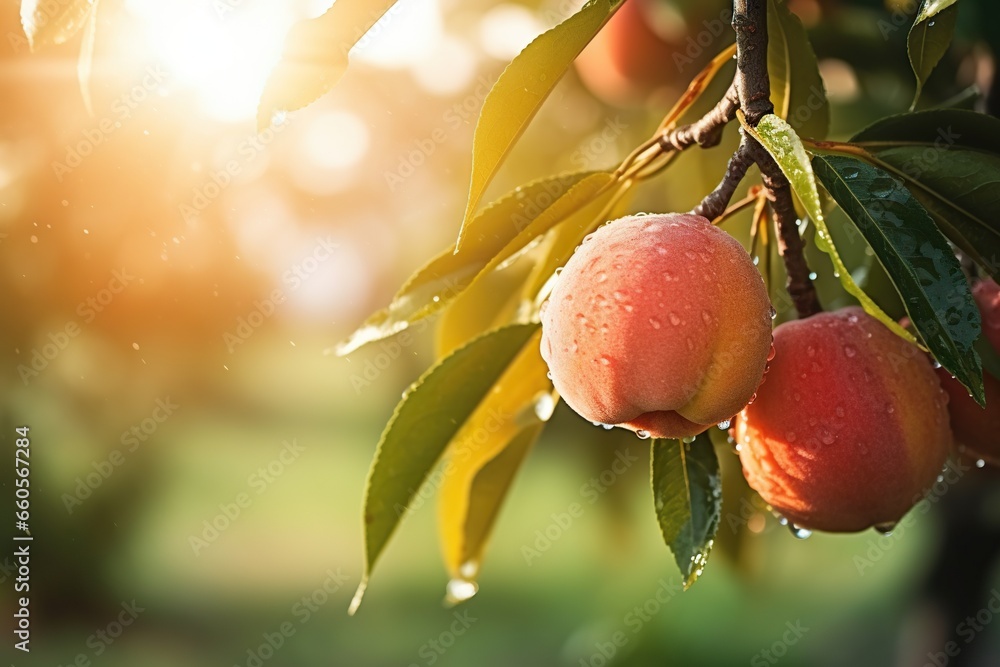 Poster a tree with some fruit hanging from it's branches. generative ai