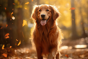 Golden retriever in autumn in the leaves. Walk with a pet outdoor. Dog on the nature in the fall.