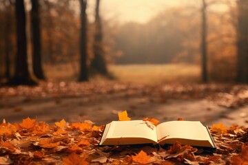 opened book with maple leaves in blurred autumn forest background
