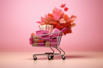 Shopping Cart with Gift Boxes or Presents and Maple Leaves. Autumn Sale Concept Design for Marketing and Business and promotion