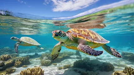 Küchenrückwand glas motiv Photo of a green turtle swimming close up on a coral reef in Hawaii © Daisha