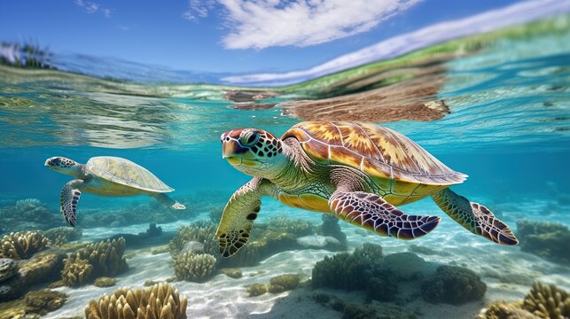 Photo of a green turtle swimming close up on a coral reef in Hawaii