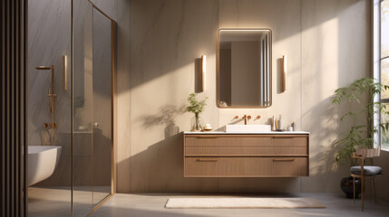 Bathroom with a modern vanity and a sleek glass shower and a gold-framed mirror