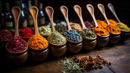 Traditional Indian curry powders and spices in spoons background 