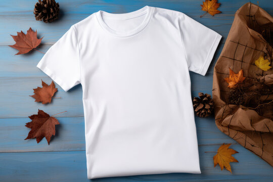 white black t-shirt mockup on blue wooden background with maple leaves, top view. autumn theme sale concept