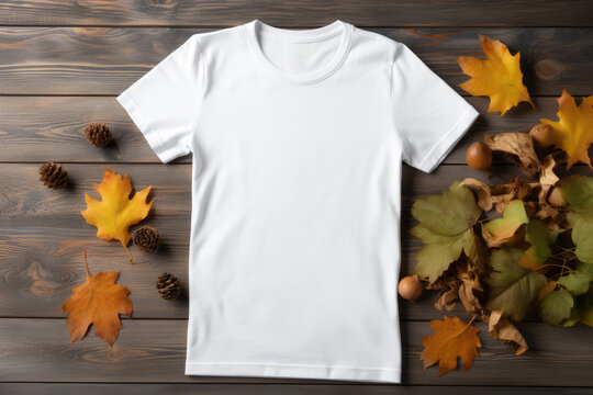 white black t-shirt mockup on wooden background with maple leaves, top view. autumn theme sale concept