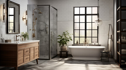 Bathroom with a modern vanity and a glass-tiled shower and a freestanding tub - obrazy, fototapety, plakaty