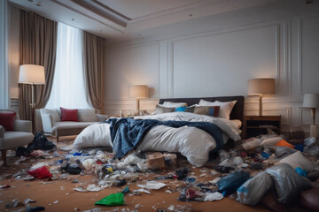 A messy hotel room after a wild party, with rubbish strewn all over the floor, bed unkempt and garbage bags littering the place. Guest on vacation trashing resort bedroom after a night of partying. - obrazy, fototapety, plakaty