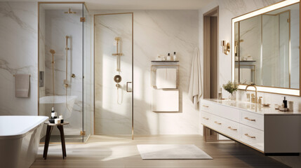 Bathroom with a modern vanity and a sleek glass shower and a gold-framed mirror - obrazy, fototapety, plakaty
