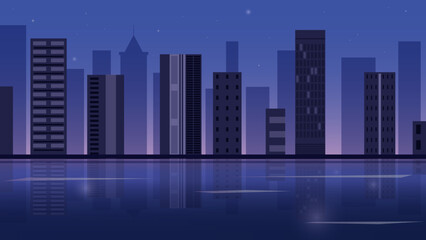 Obraz premium Night city view. Megapolis city landscape on the river bank with skyscrapers and high-rise buildings. City in dark blue and purple hues.