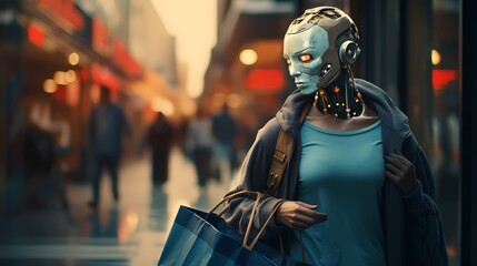 Cyborg mannequin with shopping bags in the city at night. Cyber monday