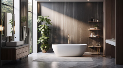 Fototapeta na wymiar Bathroom with a freestanding tub and a floating vanity