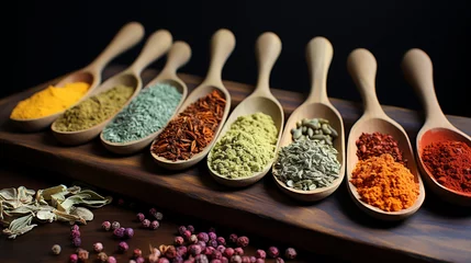 Fotobehang Traditional Sri Lankan recipe spices in spoons background  © Sudarshana