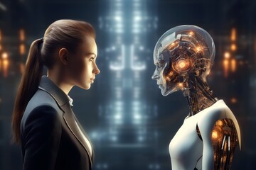 Human and AI: A Face-to-Face Encounter. generative ai - obrazy, fototapety, plakaty