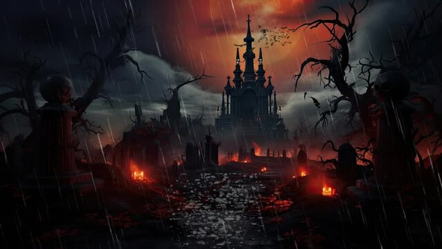Beautiful Helloween decoration with a spooky place in the cemetery with a very strong mystical aura plus clouds dark red background. seamless looping time-lapse virtual video animation.