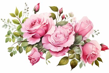 Pink roses, garden background, bouquet of flowers, watercolor flowers, graphic resource. Generative AI - obrazy, fototapety, plakaty